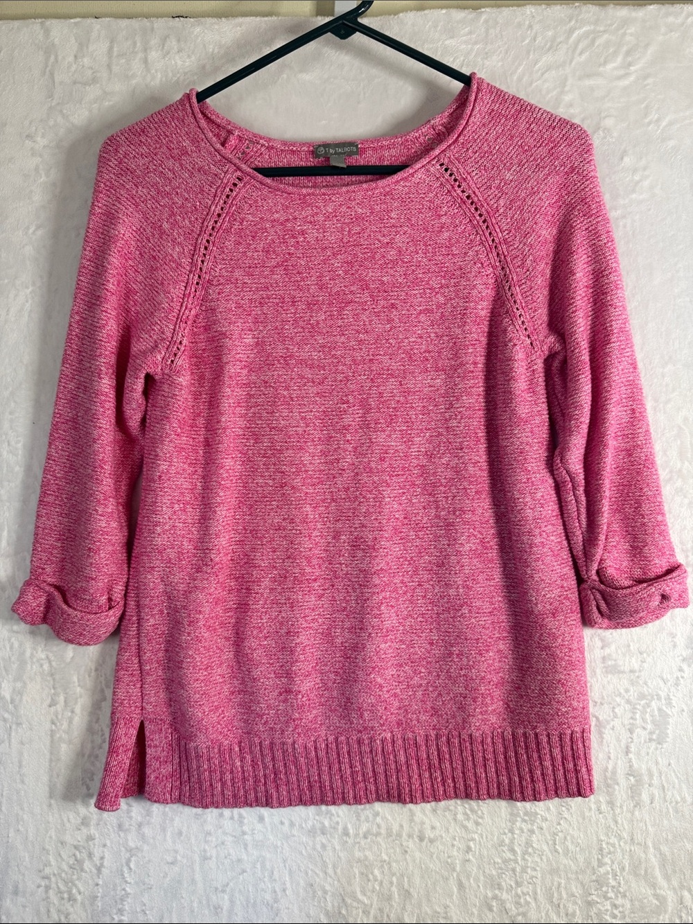 T by Talbots Heathered Pink Scoop Neck 3/4 Sleeve Cotton Sweater Small Petite